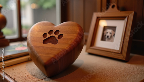 Heart-shaped wooden pet urn with paw engraving and pet photo