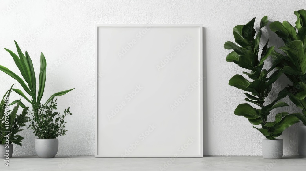 Minimalist illustration featuring a white background green plants and a blank photo frame design template