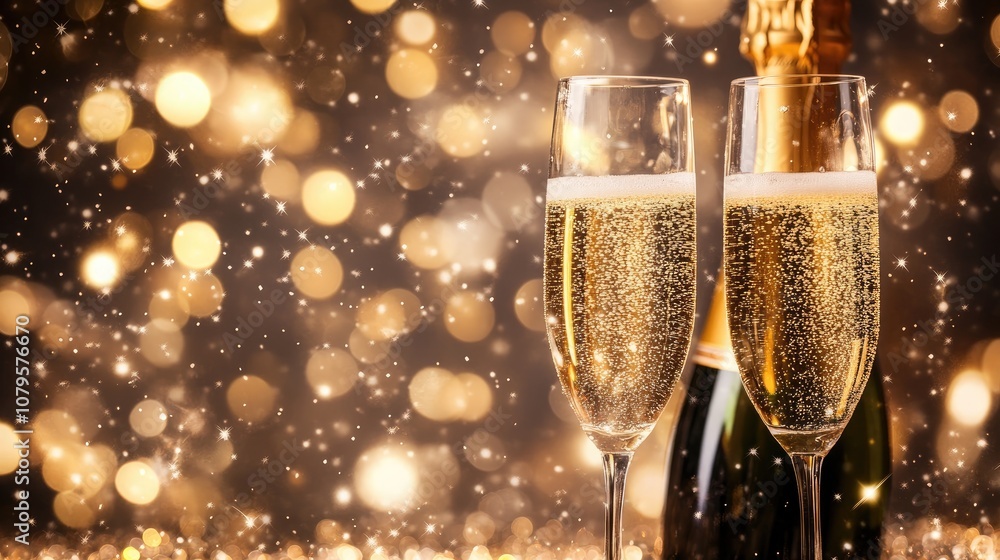 Champagne glasses and a bottle set against a sparkling backdrop Champagne glasses and a bottle set against a sparkling backdrop