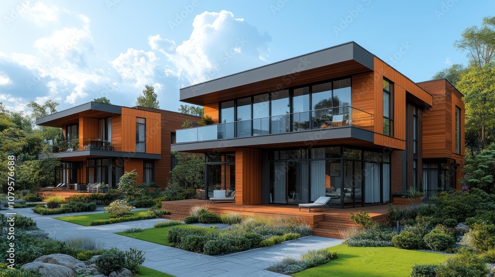 Modern wooden houses with large windows and balconies. Modern wooden houses with large windows and balconies.