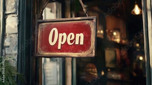 A vintage style sign displaying Open hangs on the entrance door of a cafe or restaurant