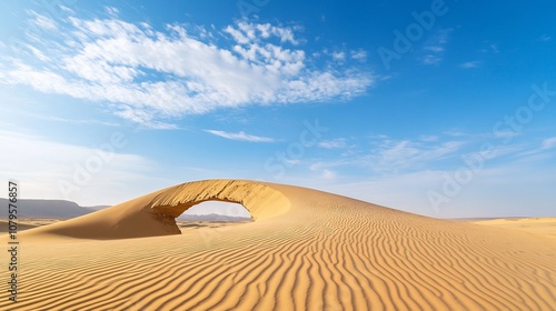 A towering golden sand dune partially covering a stunning sandstone arch formation creating a minimalist yet captivating desert landscape under the serene blue sky with wispy clouds photo