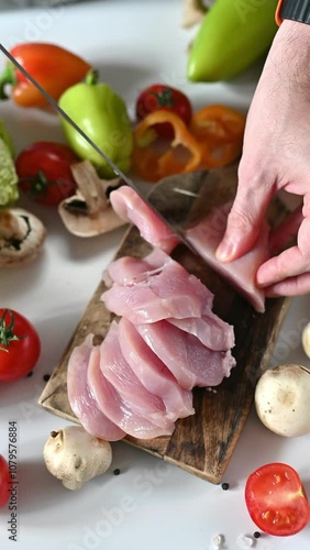 men's hands with a knife are cutting chicken fillet into pieces, vegetables, herbs and mushrooms are lying around. The concept of healthy eating. Cooking healthy food.