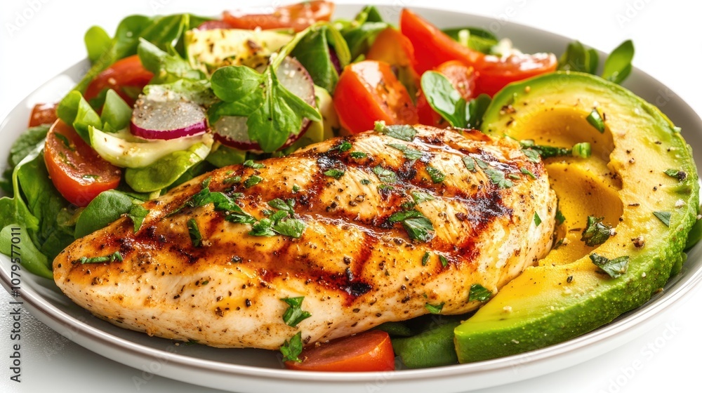 Nutritious lunch featuring grilled chicken breast vegetable salad and avocado Isolated image suitable for banners collages flyers and projects focused on healthy eating Nutritious lunch featuring grilled chicken breast vegetable salad and avocado Isolated image suitable for banners collages flyers and projects focused on healthy eating