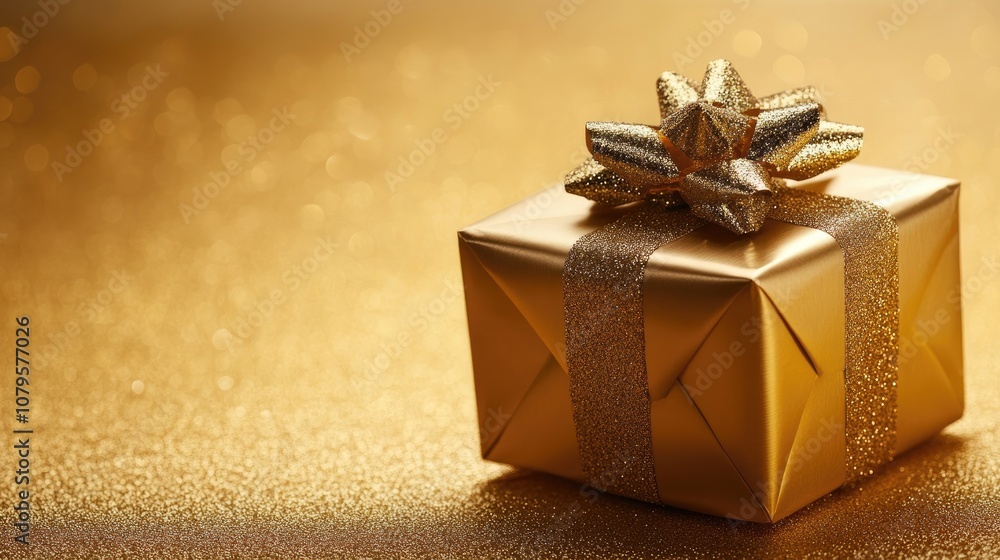 Golden Christmas gift featuring plenty of empty space for your text Golden Christmas gift featuring plenty of empty space for your text