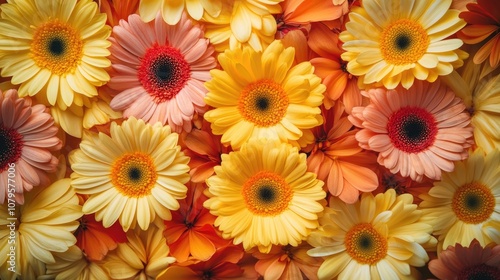 Vibrant arrangement of yellow and orange gerbera flowers with petals Embracing the essence of autumn Flat lay design suitable for a greeting card