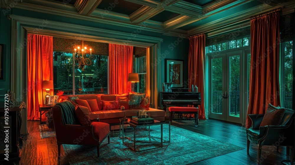 Elegant Living Room with Warm Lighting and Rich Colors Elegant Living Room with Warm Lighting and Rich Colors