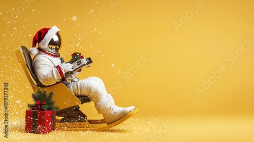 Whimsical scene of a Santa Claus astronaut in a spacesuit sitting in a rocking chair and delivering wrapped gifts amidst a starry galaxy backdrop during a cosmic Christmas