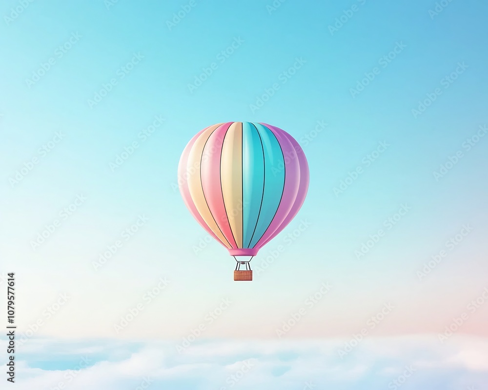 Obraz premium Vibrant Rainbow Hot Air Balloon Drifting Peacefully in Serene Sky Colorful Whimsical and Dreamlike Aerial Scene of a Solitary Balloon Floating in a Tranquil Airy Landscape