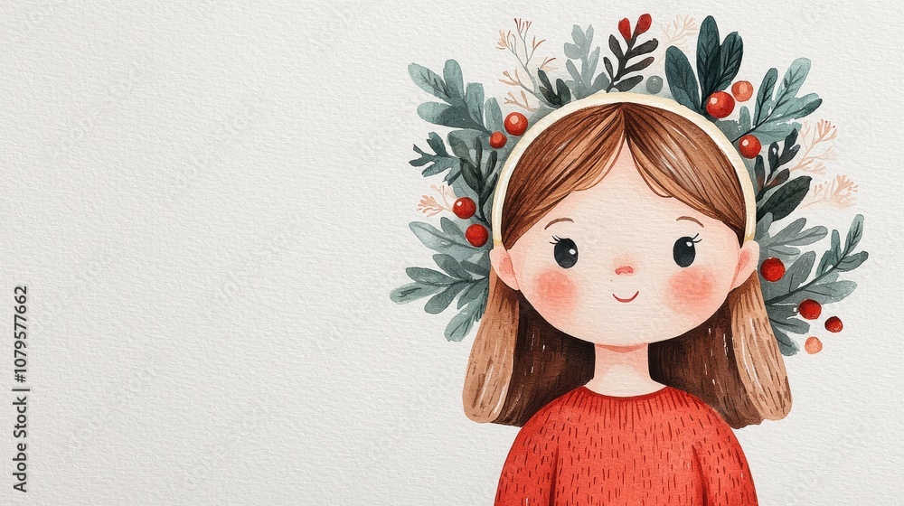 A charming illustration of a girl with brown hair, adorned with a floral crown, wearing a red sweater, exuding a warm and cheerful vibe. A charming illustration of a girl with brown hair, adorned with a floral crown, wearing a red sweater, exuding a warm and cheerful vibe.