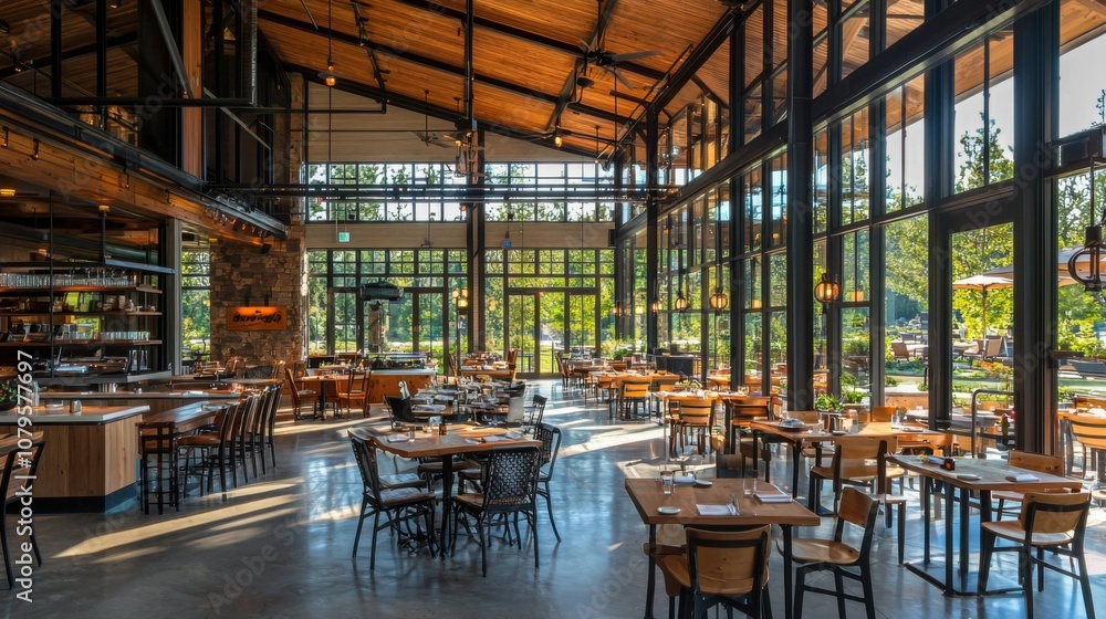 Fototapeta premium Modern Dining Space with Natural Light and Greenery