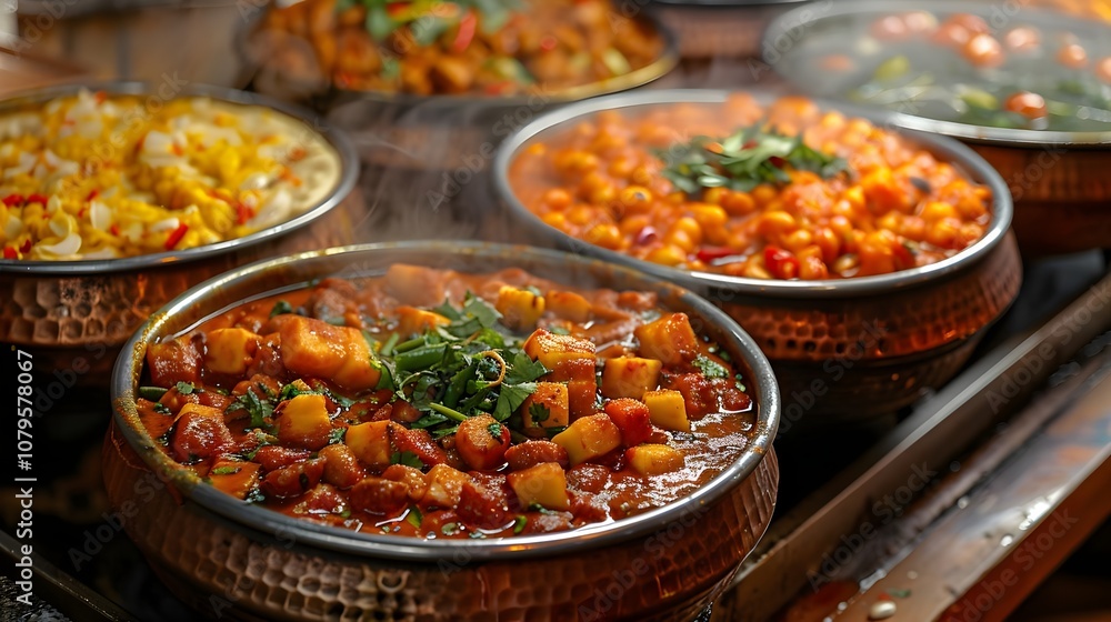 Explore a Vibrant Array of Assorted Traditional Indian Dishes Served in Exquisite Copper Serveware, Perfectly Arranged on a Rustic Wooden Table, Ideal for Culinary Showcases and Cultural Events. Explore a Vibrant Array of Assorted Traditional Indian Dishes Served in Exquisite Copper Serveware, Perfectly Arranged on a Rustic Wooden Table, Ideal for Culinary Showcases and Cultural Events.