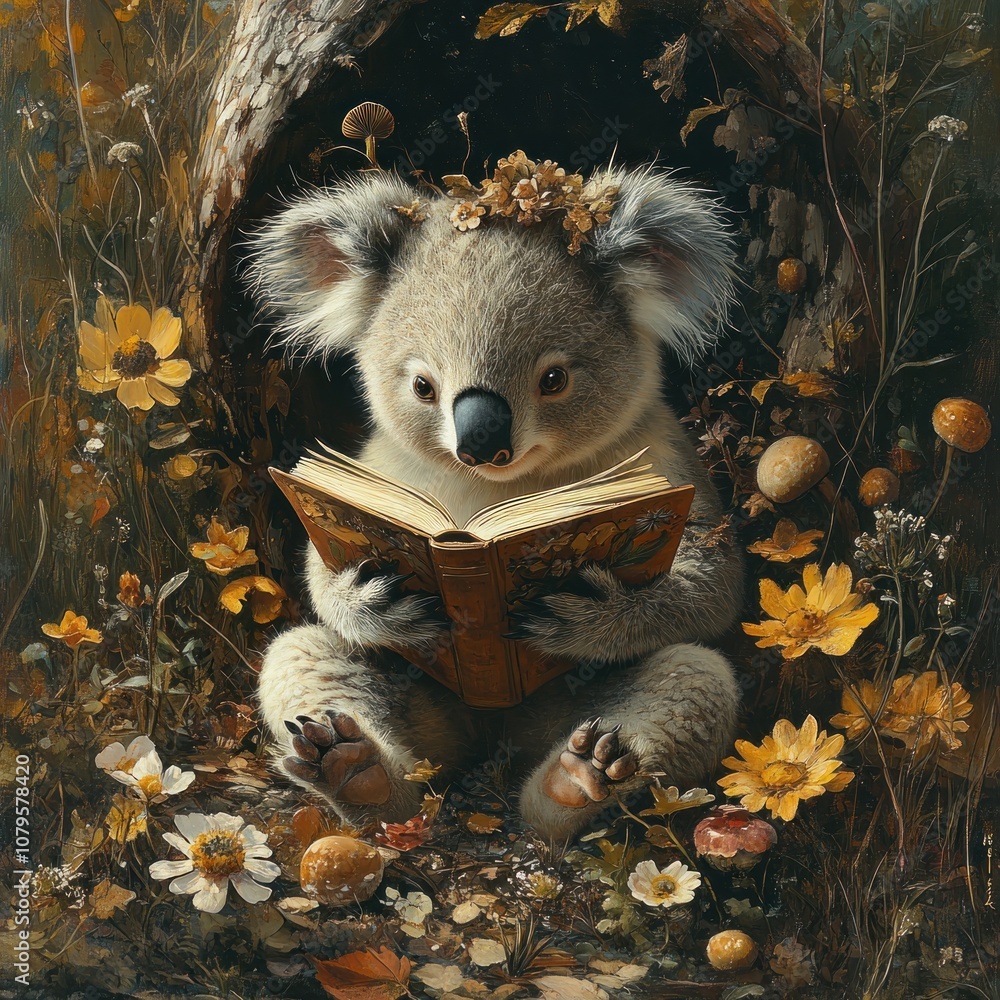 A cute koala sitting in a hollowed-out tree trunk, reading a book surrounded by wildflowers. A cute koala sitting in a hollowed-out tree trunk, reading a book surrounded by wildflowers.