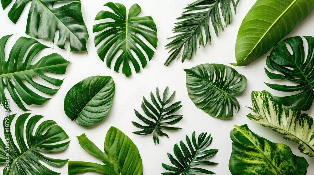 Vibrant collection of assorted tropical leaves set against a white backdrop perfect for themes centered on nature and greenery Vibrant collection of assorted tropical leaves set against a white backdrop perfect for themes centered on nature and greenery