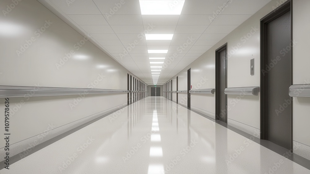 Modern Hospital Corridor with Clean Lines and Lighting Modern Hospital Corridor with Clean Lines and Lighting