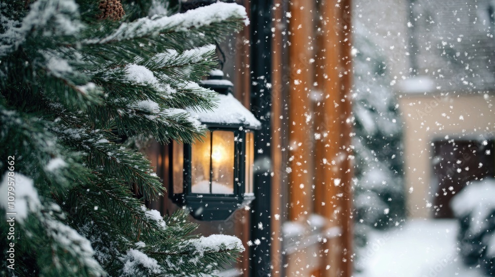 A lantern graces the entrance of a home lightly dusted with snow alongside a bright green fir branch A lantern graces the entrance of a home lightly dusted with snow alongside a bright green fir branch