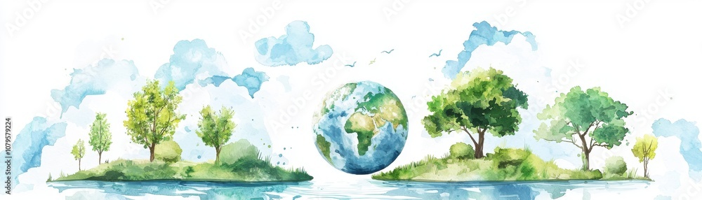 Naklejka premium A vibrant watercolor illustration of the Earth surrounded by green trees and blue skies, symbolizing nature and sustainability.