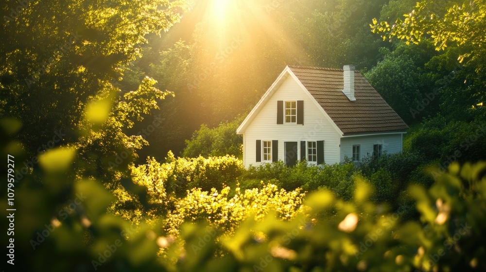 A quaint white house surrounded by vibrant greenery illuminated by a bright ray of sunshine A quaint white house surrounded by vibrant greenery illuminated by a bright ray of sunshine