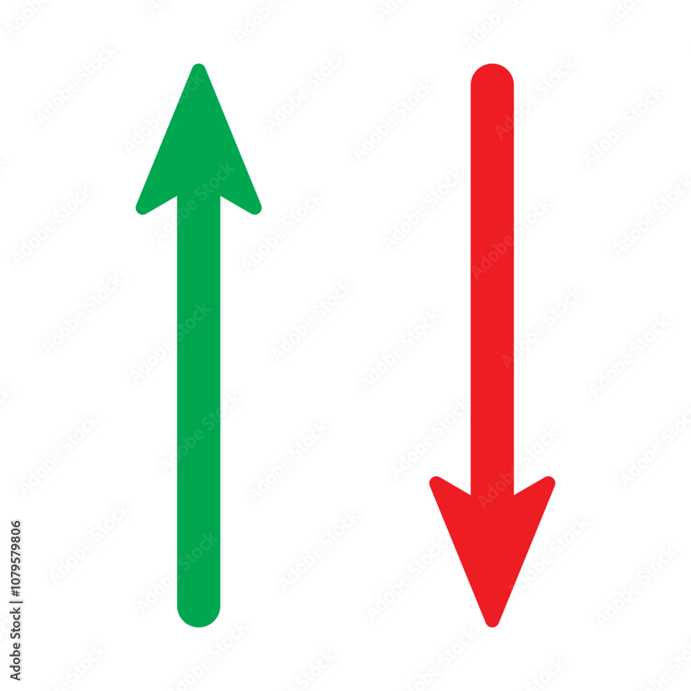 Simple up and down arrows. Upward, downward arrows in green and red isolated on white background, set of two. Vector illustration. EPS 10 Simple up and down arrows. Upward, downward arrows in green and red isolated on white background, set of two. Vector illustration. EPS 10
