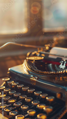 Vintage Typewriter with Warm Lighting and Reflection