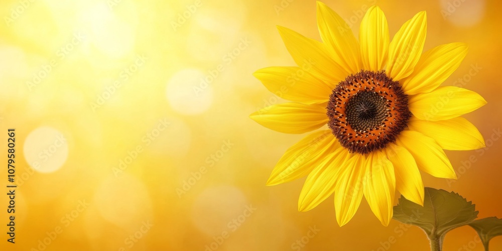 Close-up of a single sunflower in full bloom, showcasing its bright yellow petals and dark brown center, with a soft focus on the background,space for text Close-up of a single sunflower in full bloom, showcasing its bright yellow petals and dark brown center, with a soft focus on the background,space for text