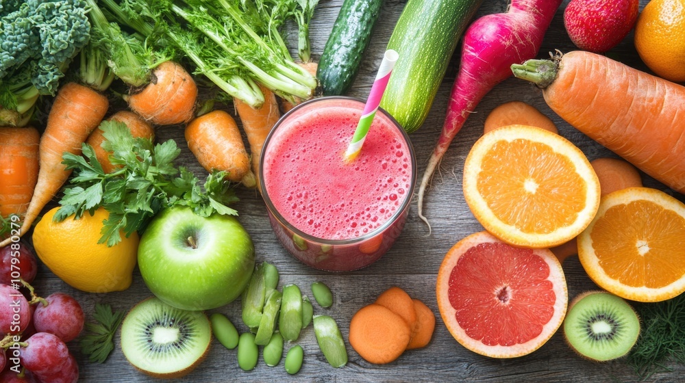 Creating a nutritious dish in the kitchen with an array of fresh fruits vegetables and a refreshing smoothie Creating a nutritious dish in the kitchen with an array of fresh fruits vegetables and a refreshing smoothie