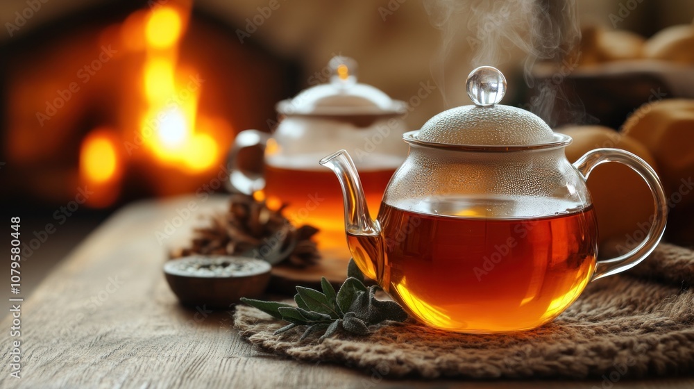 A cozy scene featuring steaming tea in glass teapots, evoking warmth and relaxation. A cozy scene featuring steaming tea in glass teapots, evoking warmth and relaxation.