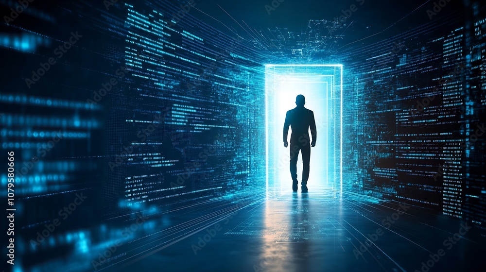 of a person s silhouette in a digital shield protection system within an abstract futuristic cyber environment composed of data streams code and digital landscapes of a person s silhouette in a digital shield protection system within an abstract futuristic cyber environment composed of data streams code and digital landscapes