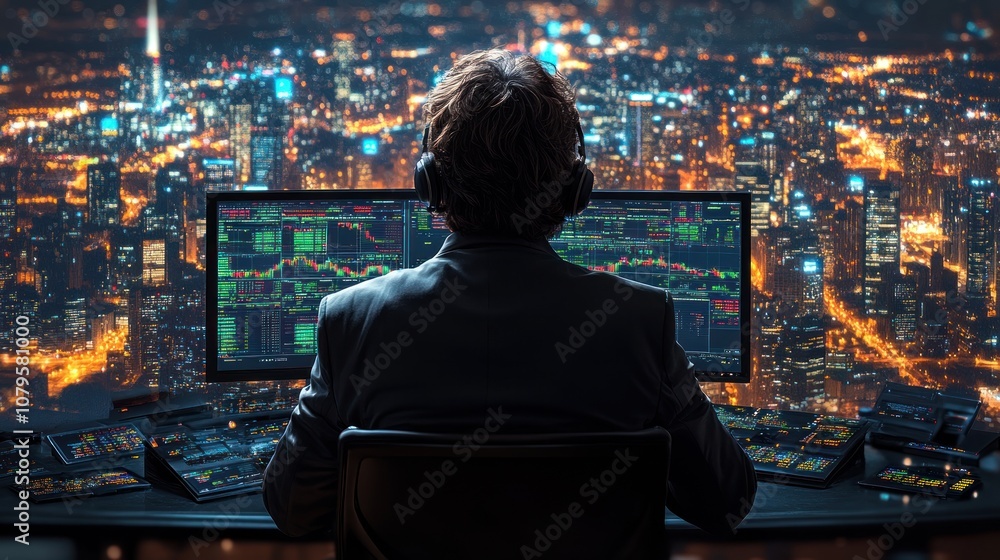 Trader analyzing market data with city skyline at night. Trader analyzing market data with city skyline at night.
