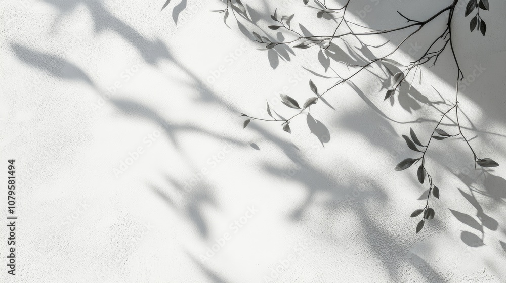 Gray shadow of delicate thin leaves cast on a white wall Abstract nature inspired background with neutral tones Space available for text Gray shadow of delicate thin leaves cast on a white wall Abstract nature inspired background with neutral tones Space available for text