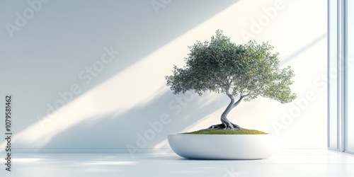 A Bonsai tree in a modern, sleek pot with delicate moss covering the soil, surrounded by clean, white surfaces and soft lighting for a contemporary look,space for text photo