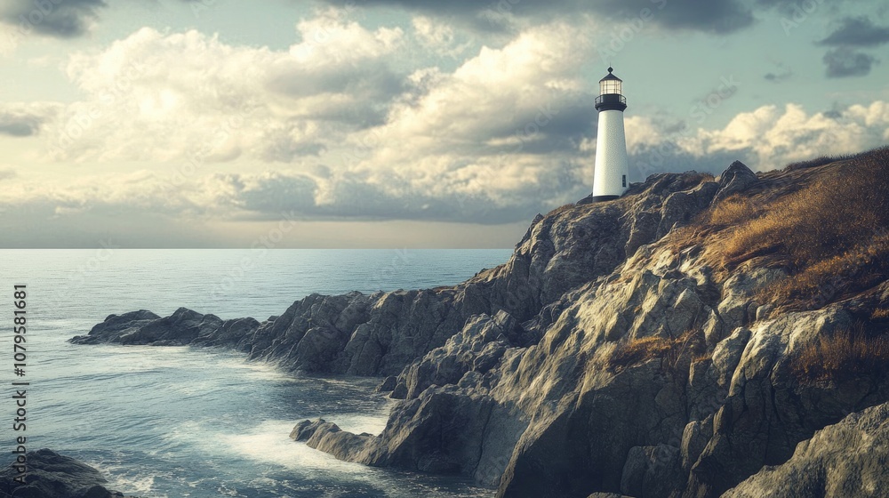 A lighthouse stands atop a rocky cliff overlooking the sea A lighthouse stands atop a rocky cliff overlooking the sea