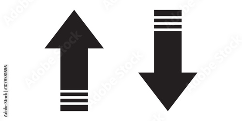 Up down arrow black icon. Forward backward front back sign. Above below under point pointer direction symbol. Lift elevator button vector clipart.