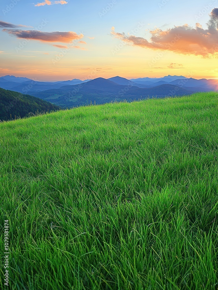 Fototapeta premium A serene landscape featuring lush green grass under a colorful sunset sky.
