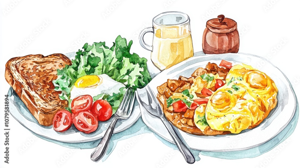 Delicious breakfast plate with eggs, toast, salad, and juice, showcasing a vibrant and nutritious start to the day. Delicious breakfast plate with eggs, toast, salad, and juice, showcasing a vibrant and nutritious start to the day.
