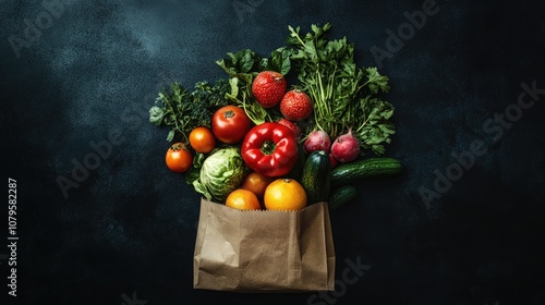 Fototapeta Naklejka Na Ścianę i Meble -  Assorted fresh vegetables and fruits in a paper bag against a dark backdrop