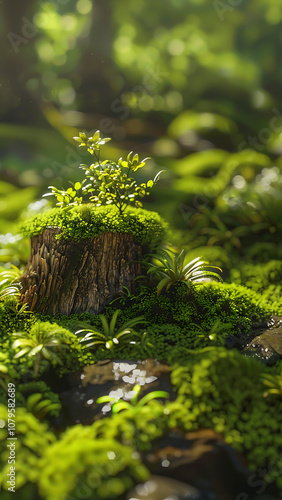 Miniature tree in lush green mossy forest environment