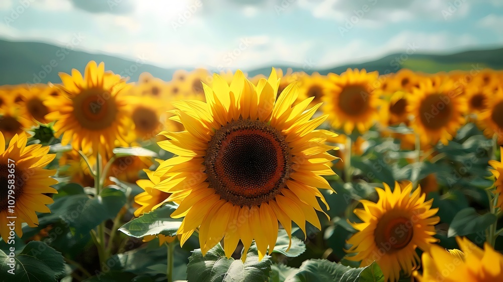 A field of sunflowers with a single sunflower in the foreground A field of sunflowers with a single sunflower in the foreground