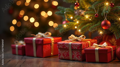 Presents under Christmas tree with lights in the background.