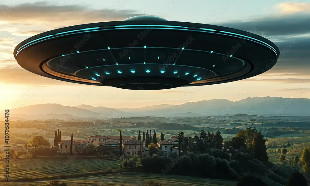 UFO Hovering Above Countryside at Sunset with ai generated.
