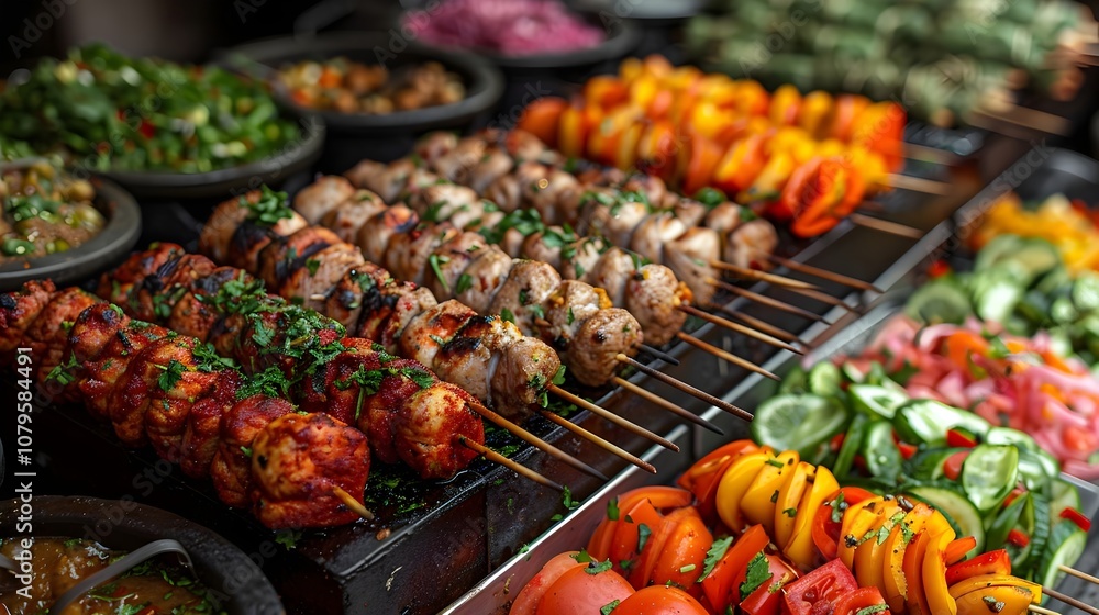 Vibrant Outdoor Barbecue Feast Featuring Delicious Grilled Meat and Colorful Vegetable Skewers, Perfect for Summer Gatherings and Delicious Dining Experiences Vibrant Outdoor Barbecue Feast Featuring Delicious Grilled Meat and Colorful Vegetable Skewers, Perfect for Summer Gatherings and Delicious Dining Experiences