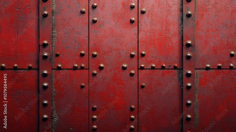 Textured background featuring a red metallic wall adorned with rivets Textured background featuring a red metallic wall adorned with rivets
