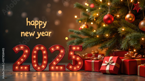 Happy new year 2025 with Christmas tree and gifts