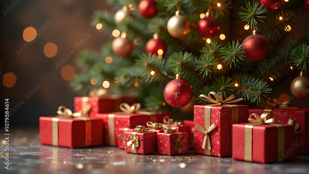 Red and gold Christmas ornaments and wrapped gifts under a decorated Christmas tree Red and gold Christmas ornaments and wrapped gifts under a decorated Christmas tree