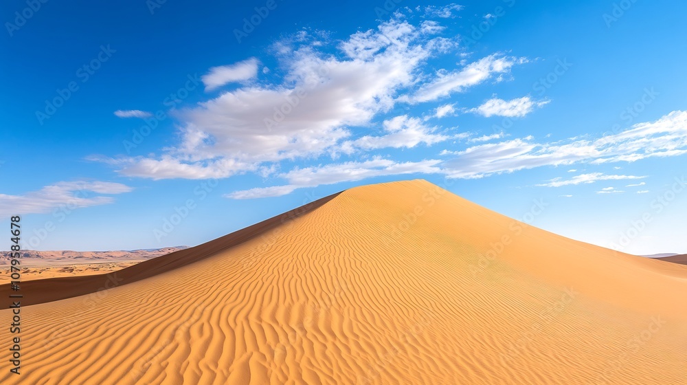 Towering sand dune gracefully flowing across the vast expanse of a serene desert landscape creating a captivating and minimalist scene under the ethereal sky Towering sand dune gracefully flowing across the vast expanse of a serene desert landscape creating a captivating and minimalist scene under the ethereal sky