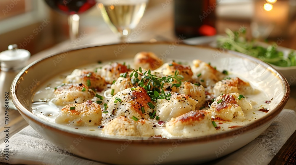 Gourmet Pan-Seared Gnocchi with Creamy Sauce and Fresh Herbs Served in a Rustic Setting Ideal for Culinary Promotions, Restaurant Menus, and Food Blogs Featuring Italian Cuisine and Comfort Food Gourmet Pan-Seared Gnocchi with Creamy Sauce and Fresh Herbs Served in a Rustic Setting Ideal for Culinary Promotions, Restaurant Menus, and Food Blogs Featuring Italian Cuisine and Comfort Food