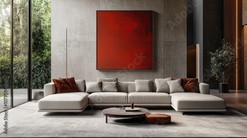 Contemporary living room design featuring a cozy sofa and a striking large artwork on the wall photo