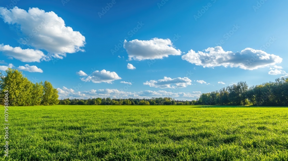 Lush green grass field under a blue sky adorned with fluffy clouds on the horizon Lush green grass field under a blue sky adorned with fluffy clouds on the horizon
