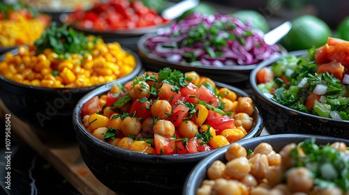 Delicious and Nutritious Healthy Vegan Spread Featuring Fresh Vegetable Salads Arranged in Elegant Black Bowls Ideal for Promoting Plant-Based Diets and Healthy Eating Choices