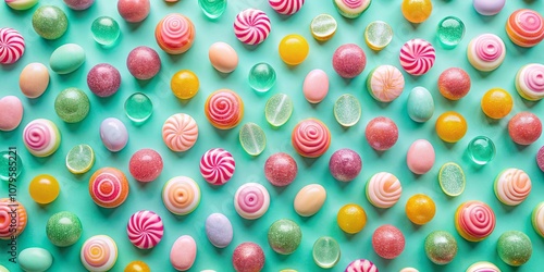 A vibrant and colorful display of assorted candies and glistening spheres, creating an eye-catching and whimsical pattern against a refreshing mint background.
